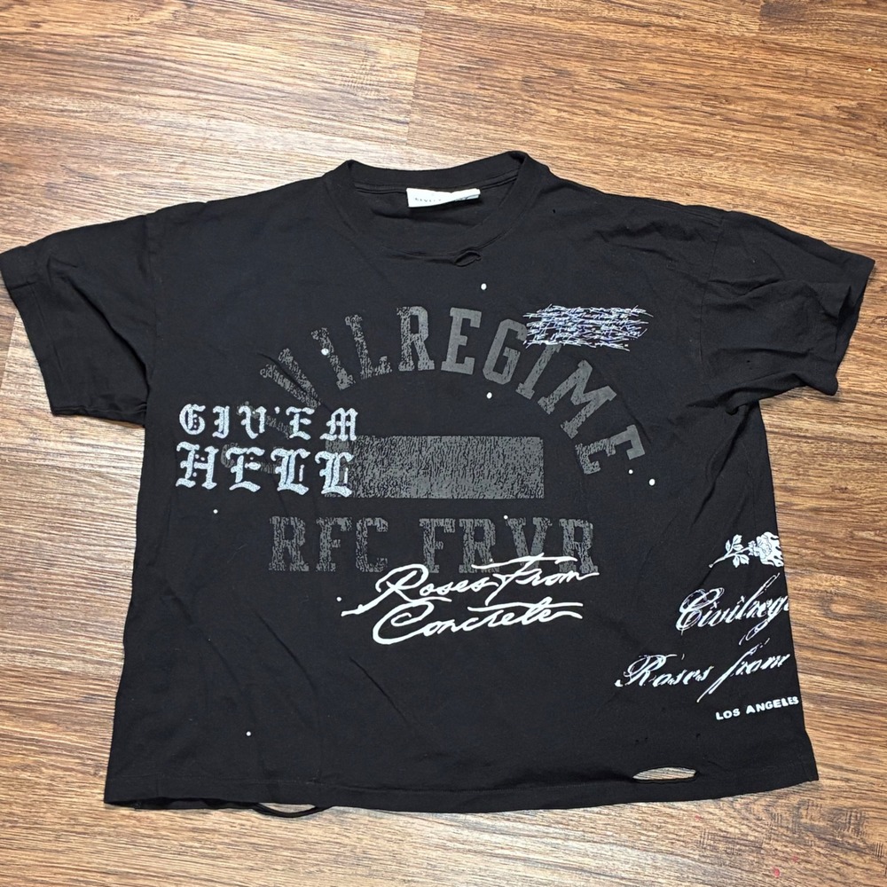Civil Regime Distressed Graphic T-Shirt Men M Black Oversized Cropped Streetwear